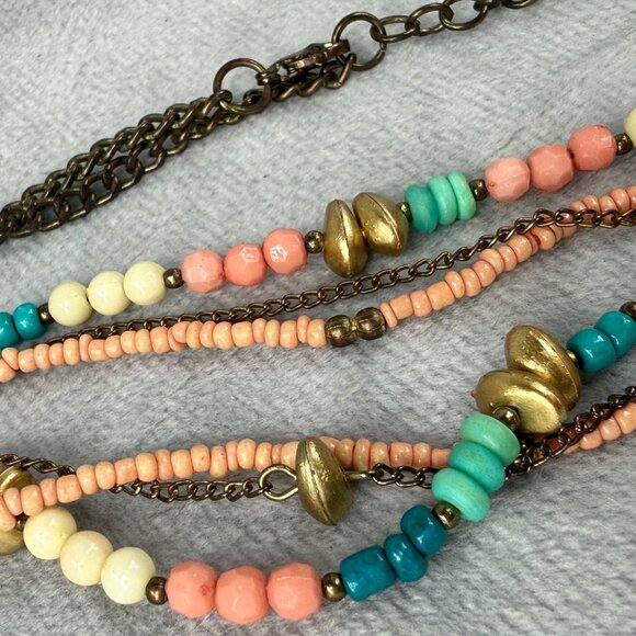 Beaded Multicolor Pendant Necklace Coral Turquoise Gold Colors Shell Accents - Picture 13 of 16